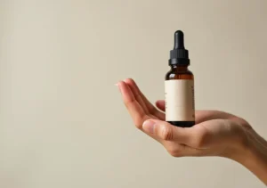 person holding cbd oil dropper bottle against neutral background