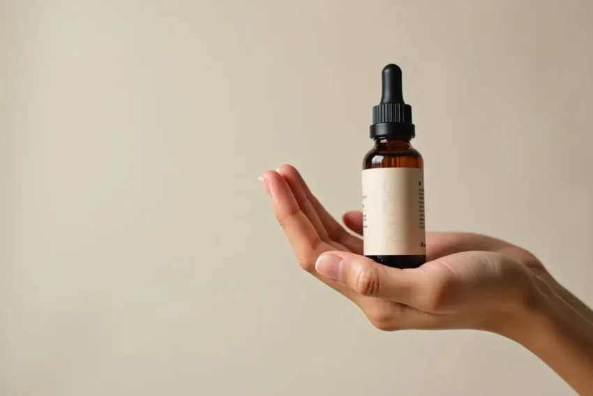 person holding cbd oil dropper bottle against neutral background