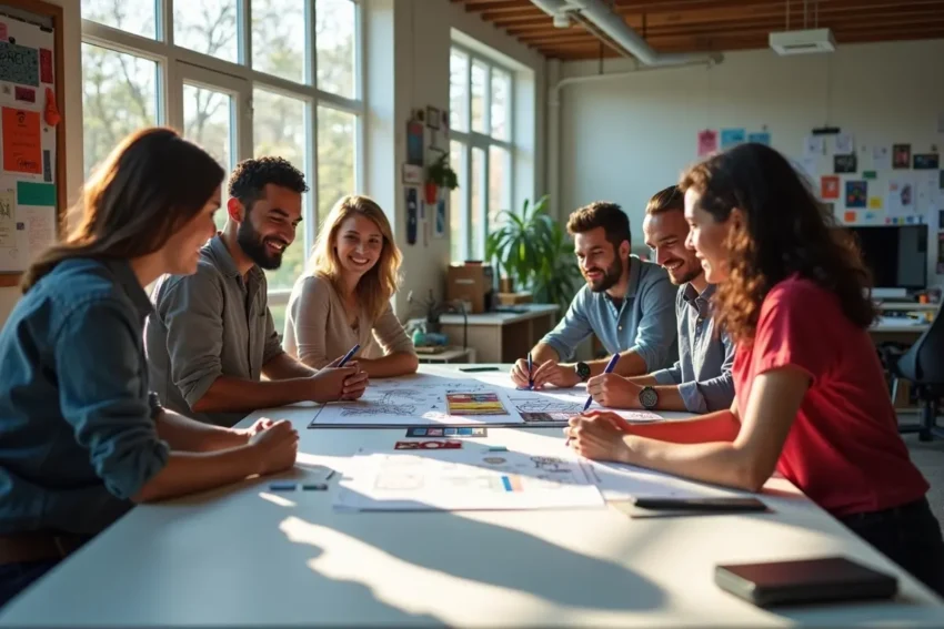 team members designing custom apparel together in collaborative creative workspace