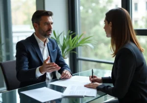 lawyer explaining employment law basics to client in modern office setting