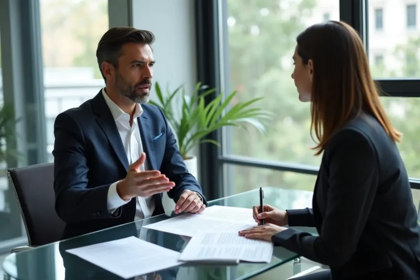 lawyer explaining employment law basics to client in modern office setting