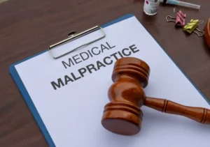 gavel and malpractice sign