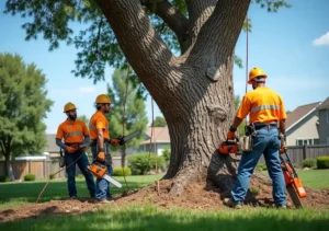 workers cutting down large tree