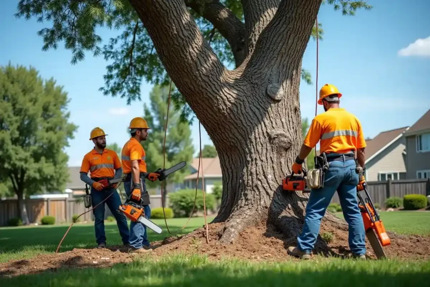 workers cutting down large tree