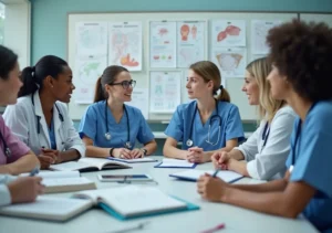 group of nurses studying and discussing together in class