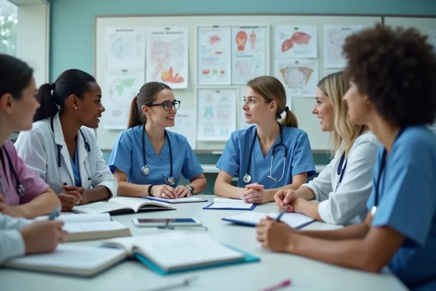 group of nurses studying and discussing together in class