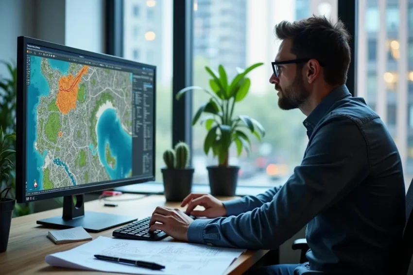 engineer using aerial mapping integrated with cad and gis software