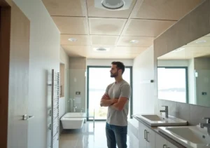 homeowner selecting stylish moisture resistant ceiling panels for bathroom