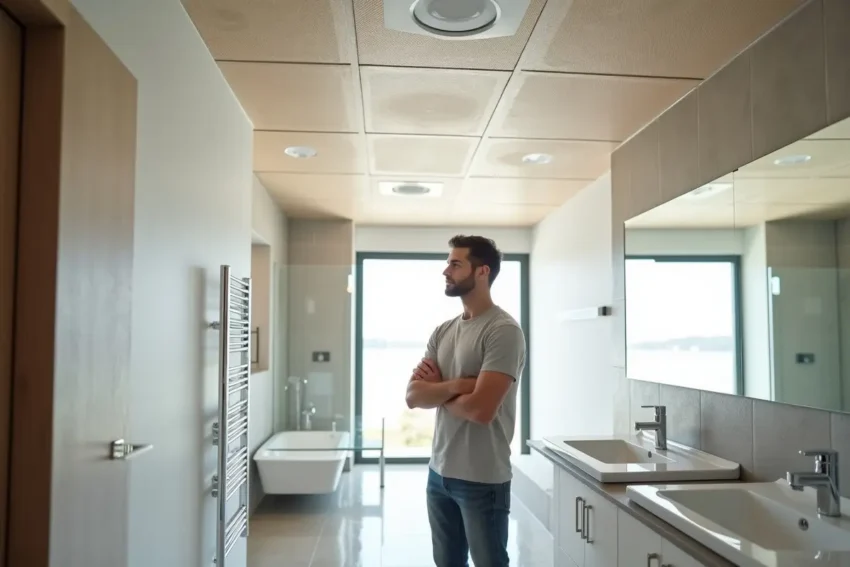 homeowner selecting stylish moisture resistant ceiling panels for bathroom