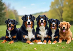 bernese mountain dog sitting beside similar large breeds outdoors