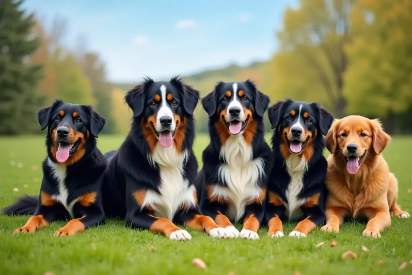 bernese mountain dog sitting beside similar large breeds outdoors