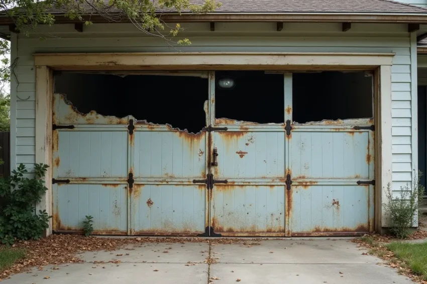 broken garage door illustrating costly risks of ignored repairs