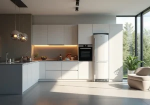 modern kitchen interior with built-in fridge seamlessly matching cabinetry