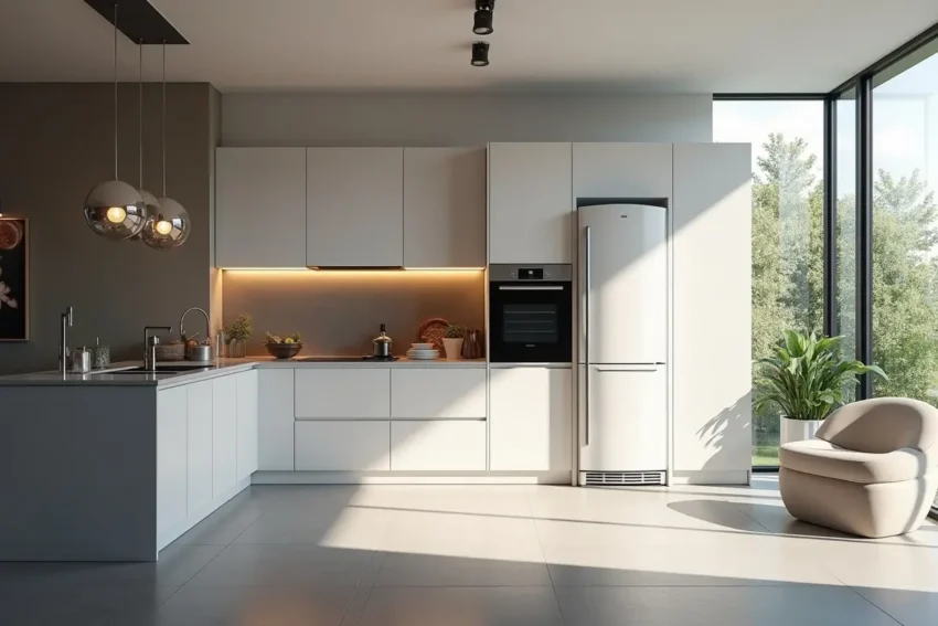 modern kitchen interior with built-in fridge seamlessly matching cabinetry