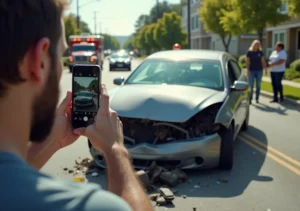 driver calling for help and documenting scene after car accident
