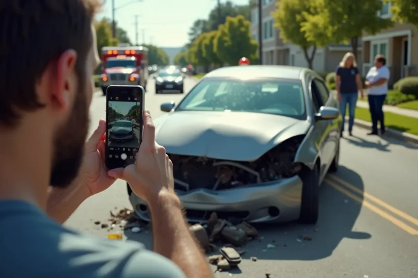 driver calling for help and documenting scene after car accident