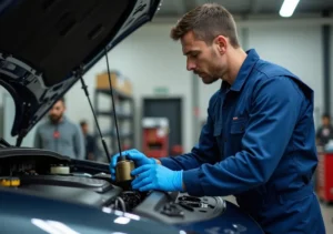 Mechanic checking engine oil car
