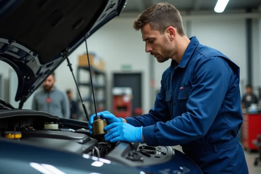 Mechanic checking engine oil car