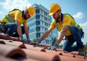 roofing experts inspecting commercial building roof for professional repair solutions