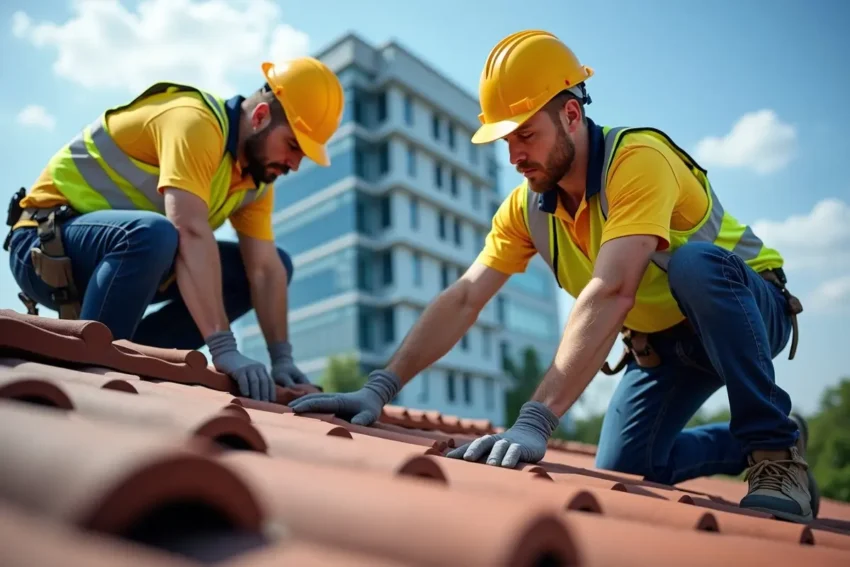 roofing experts inspecting commercial building roof for professional repair solutions