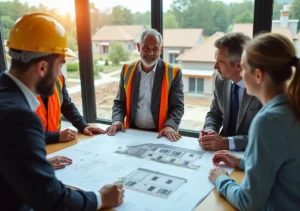 homeowner and city official staff discussing house blueprint plan with construction worker