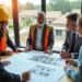 homeowner and city official staff discussing house blueprint plan with construction worker