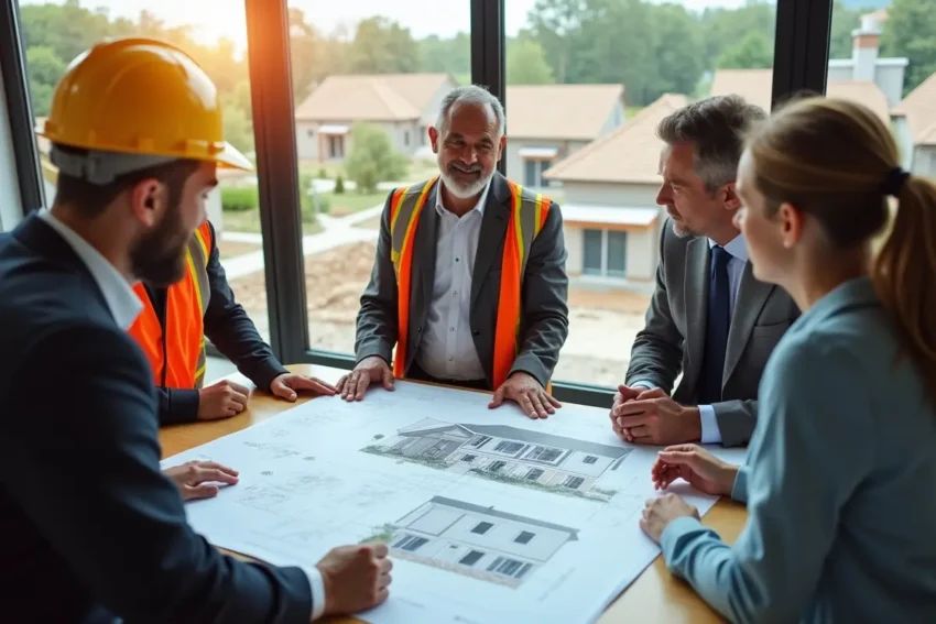 homeowner and city official staff discussing house blueprint plan with construction worker