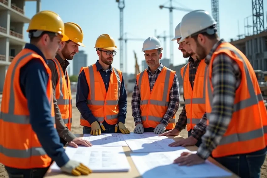 construction workers discussing safety protocols before starting