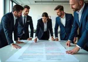 business professionals reviewing flawed contract revealing hidden legal vulnerabilities