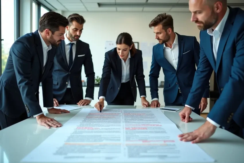 business professionals reviewing flawed contract revealing hidden legal vulnerabilities