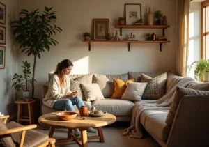 homeowner adding personalized decorative touches to cozy living room interior