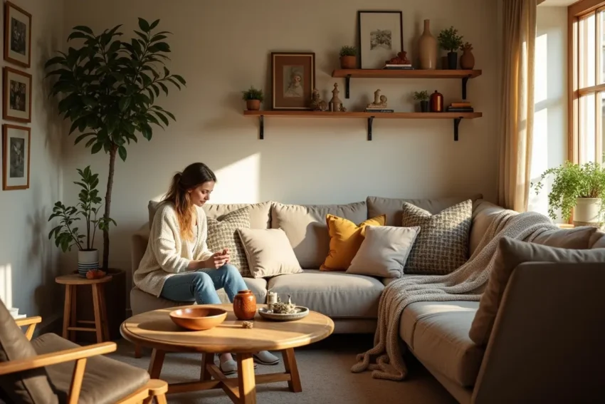 homeowner adding personalized decorative touches to cozy living room interior