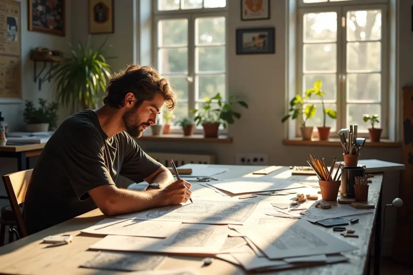 designer experimenting with creative random patterns while sketching innovative design ideas