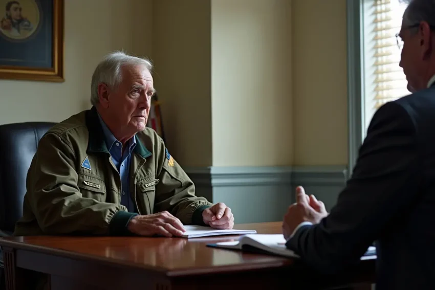 veteran discussing denied disability claim with legal representative