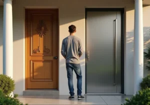 homeowner choosing between classic wooden door and modern metal option