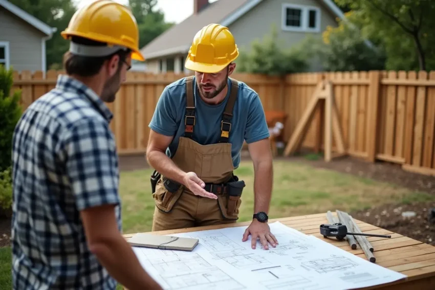 homeowner discussing project plans with professional fence and deck builder