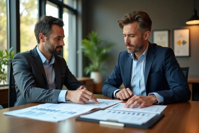 small business owner reviewing financial strategy with professional planner