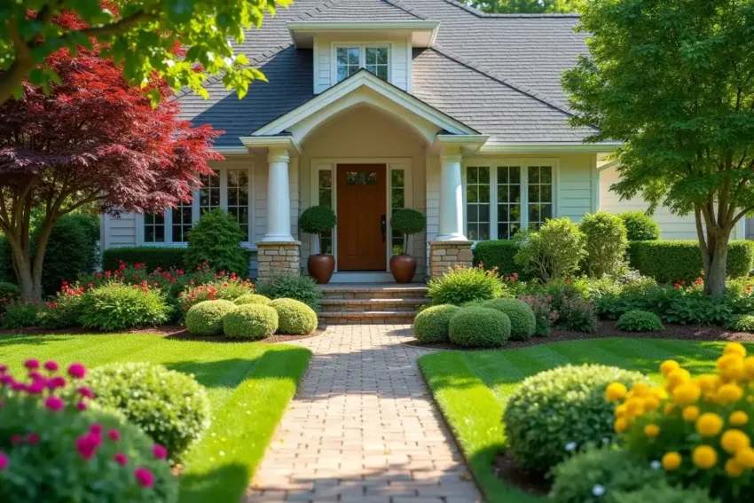 landscaper enhancing front yard design to improve home curb appeal