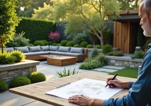 landscaper designing functional outdoor living space with seating and greenery