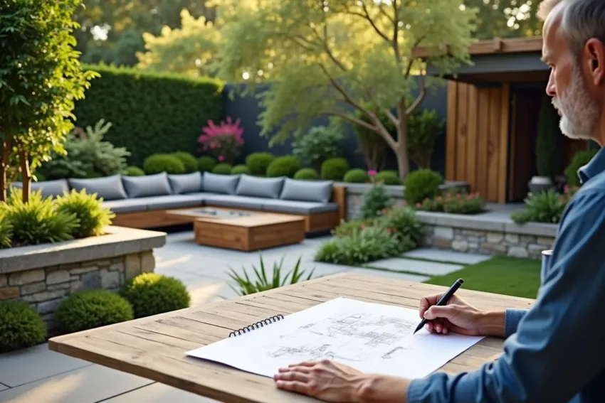 landscaper designing functional outdoor living space with seating and greenery
