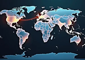 digital illustration showing global money transfers across world map