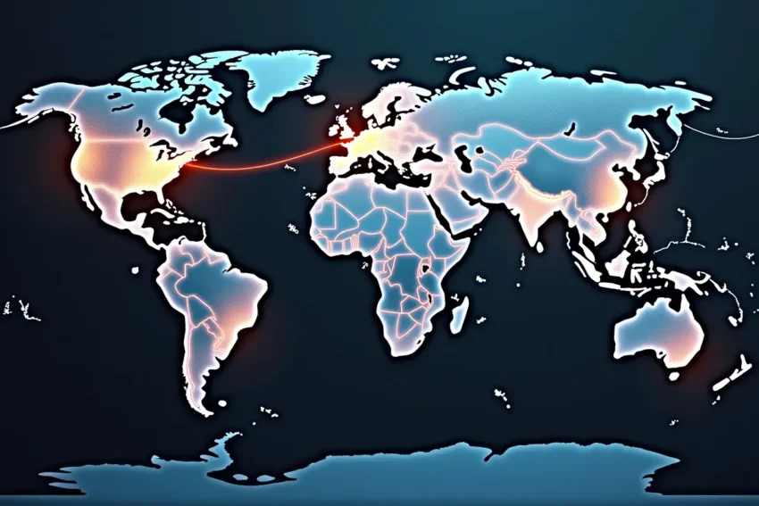 digital illustration showing global money transfers across world map