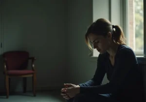 grieving woman sitting alone reflecting on deep personal loss