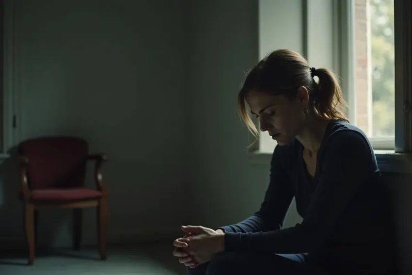 grieving woman sitting alone reflecting on deep personal loss