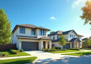 modern suburban homes in houston neighborhood under sunny blue sky