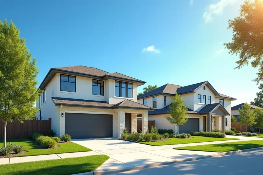modern suburban homes in houston neighborhood under sunny blue sky
