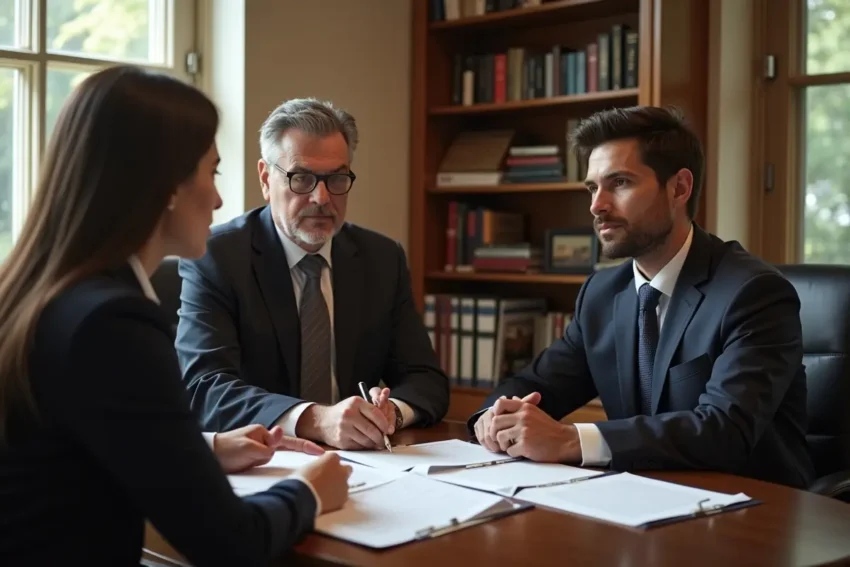 lawyer reviewing joint dissolution documents with couple in legal office