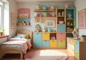 organized kids bedroom featuring colorful and functional storage solutions