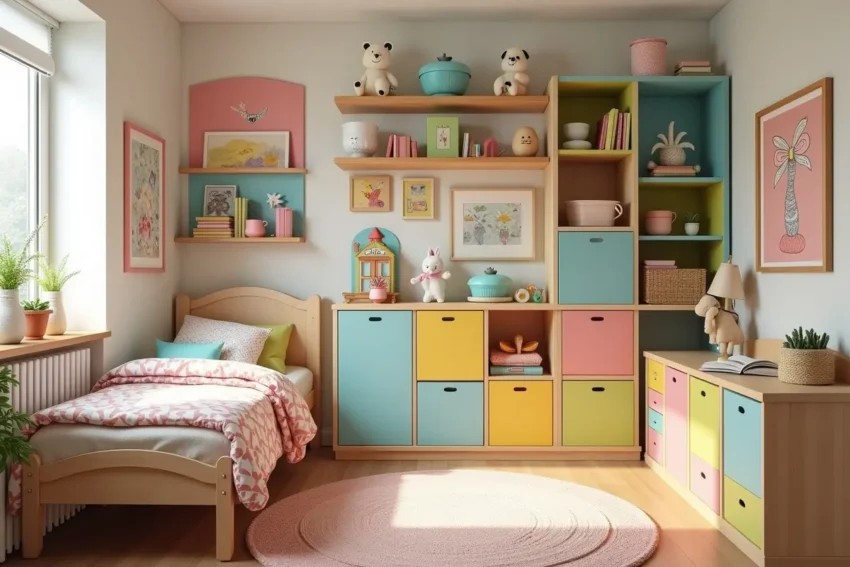 organized kids bedroom featuring colorful and functional storage solutions