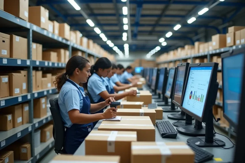 mailroom staff organizing incoming packages efficiently using modern tracking system